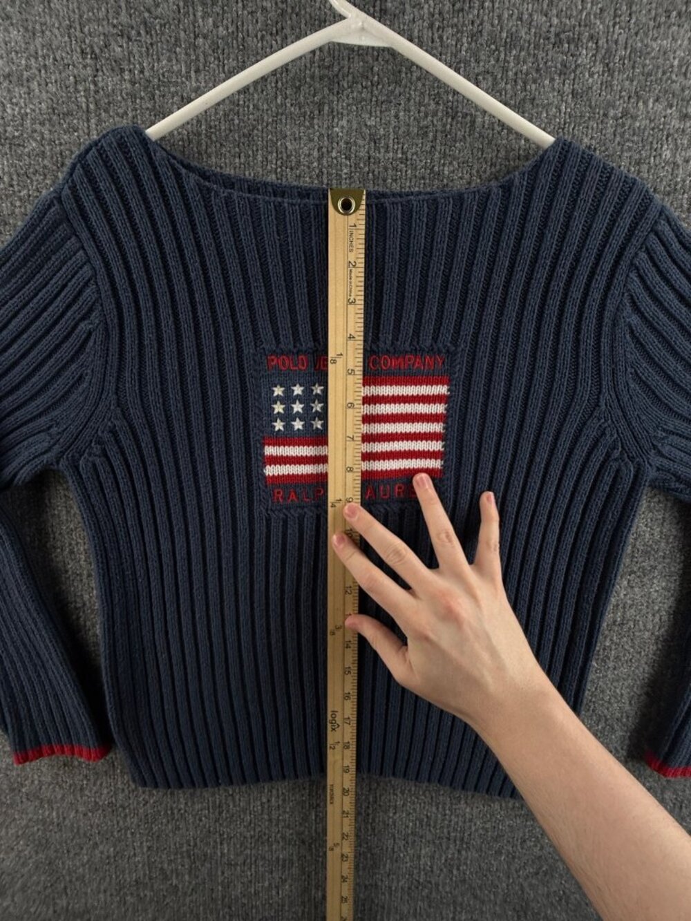 Ralph Lauren Boat Neck Ribbed USA Flag Polo Jeans Company Sweater Blue Logo XL - Picture 6 of 15